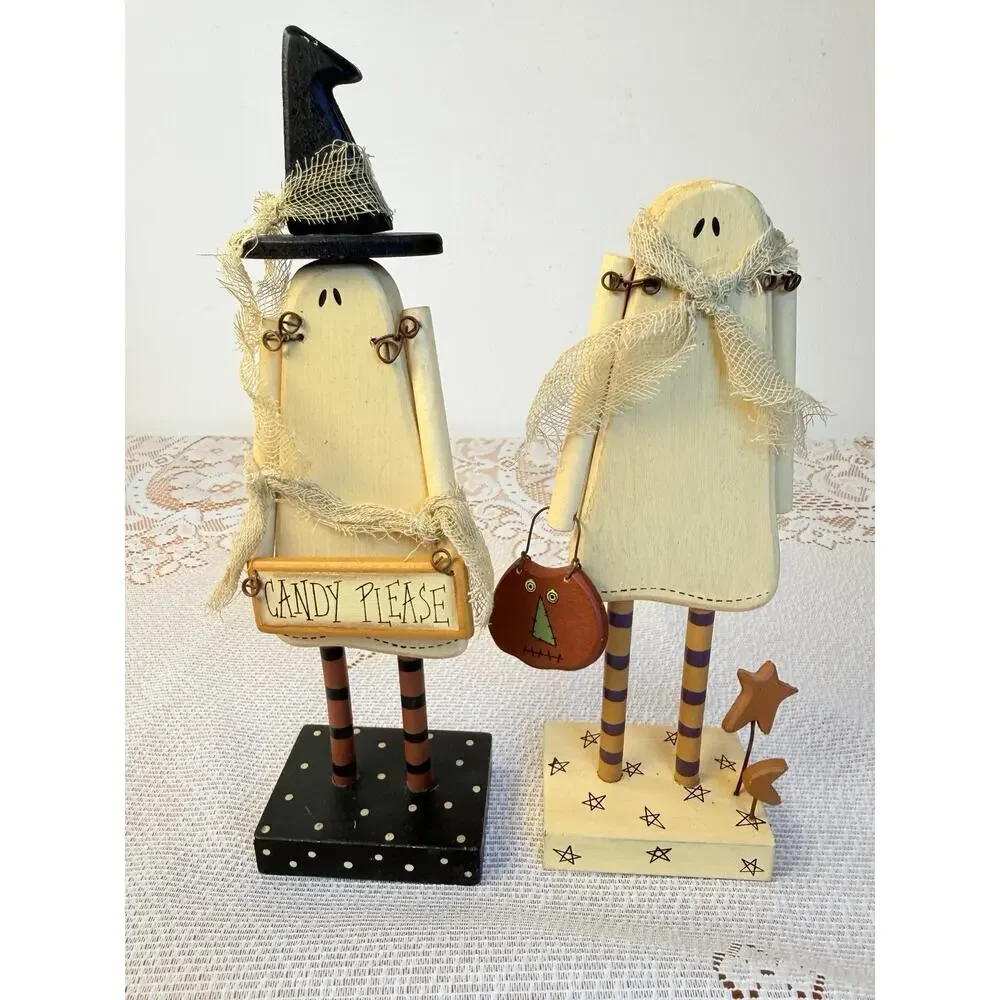 Collins Halloween Ghost Figurine Set of 2 Painted w/ “Candy Please” Sign